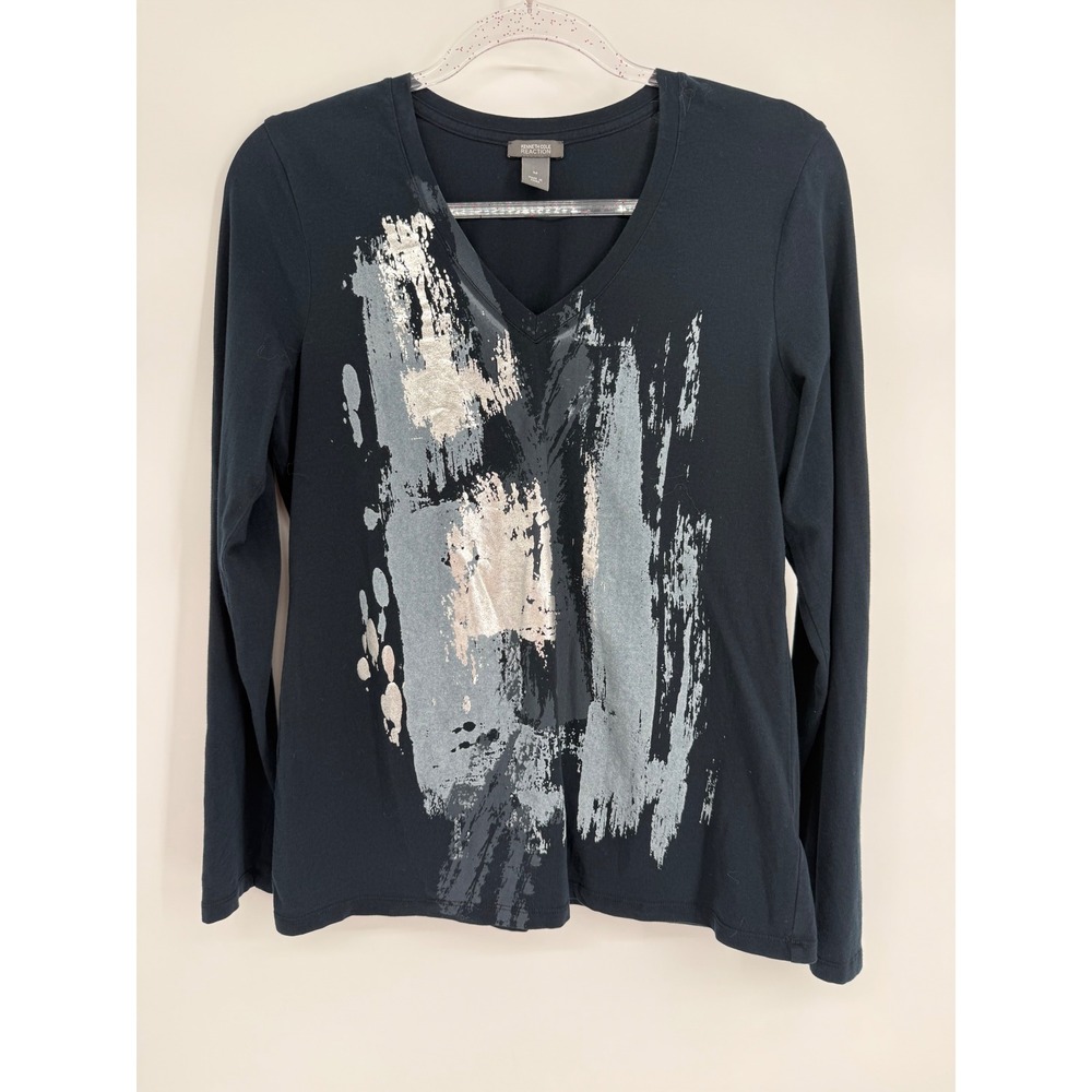 Kenneth Cole Reaction Black V-Neck Long Sleeve Abstract Graphic Tee Silver Sz M